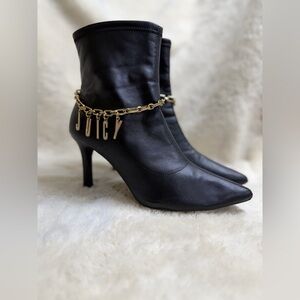 Juicy Couture Black Heeled Boots with Gold Chain Detail